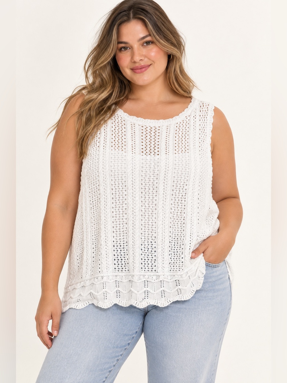 Crochet Cable-Knit Sleeveless Sweater Top Women’s XL